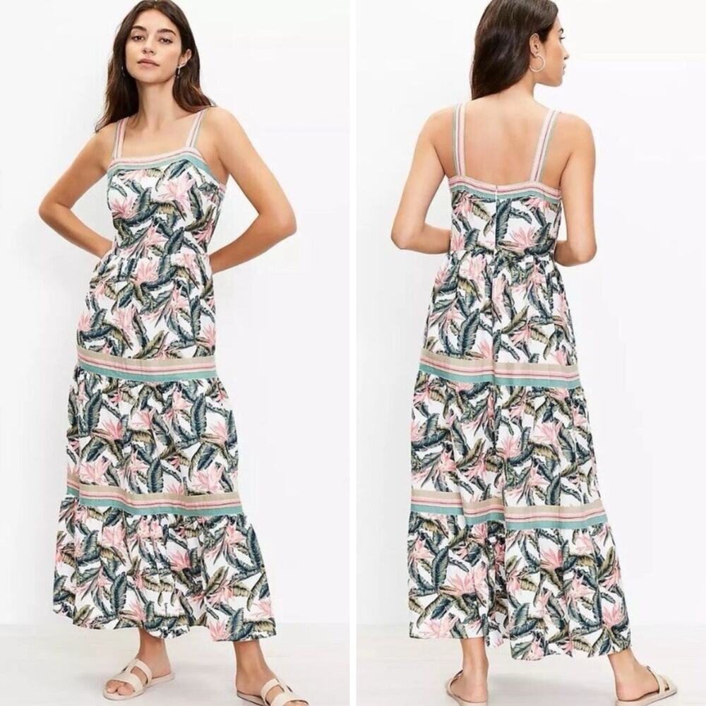 Loft PARADISE Tiered Linen Blend Maxi Sundress Size 8 Pink Green Tropical NWT